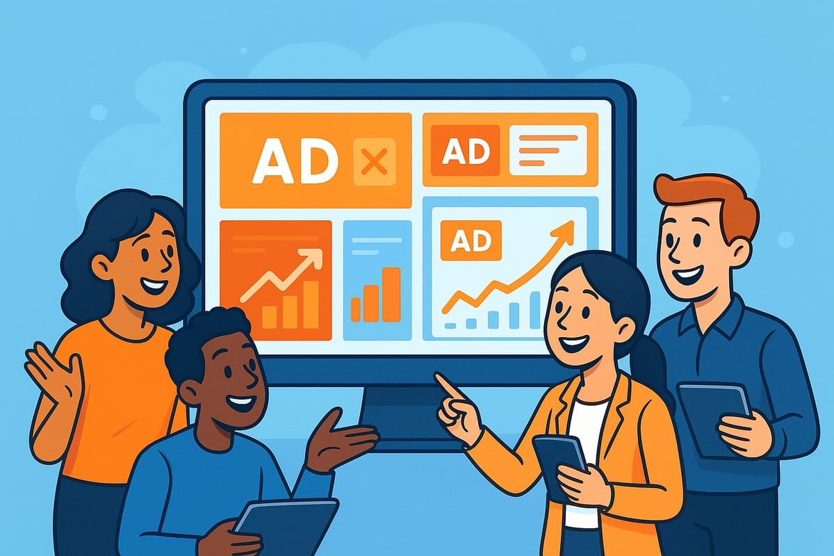 Team reviewing online ads displayed on a monitor, discussing data trends.