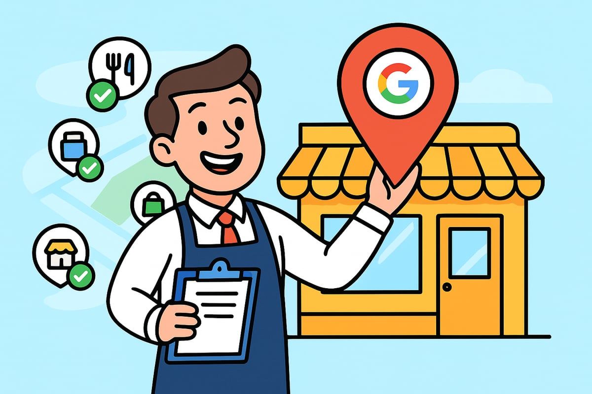 Man holding Google Maps pin, smiling beside a store, with verified business icons.