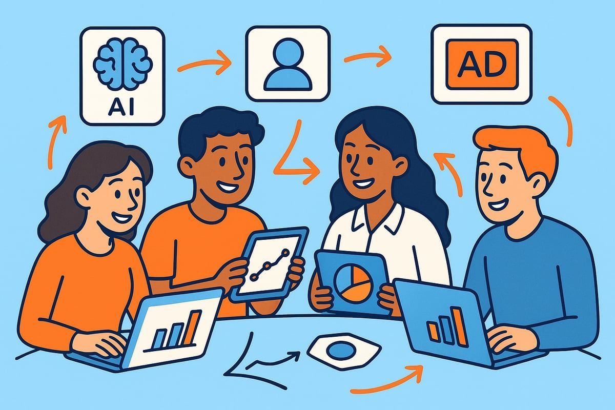 Team analyzing data on laptops and tablets, with AI, user profile, and ad icons, all connected by arrows.