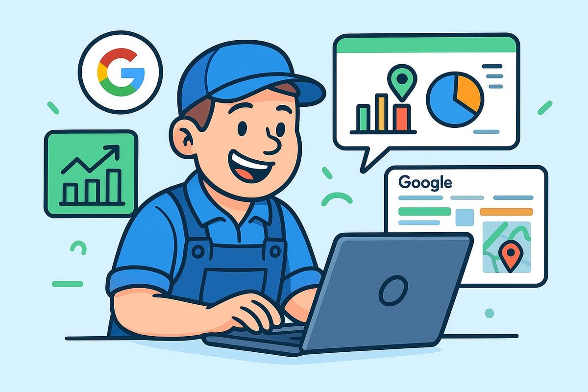 Man in blue workwear using a laptop, surrounded by Google-related charts and graphics, smiling.