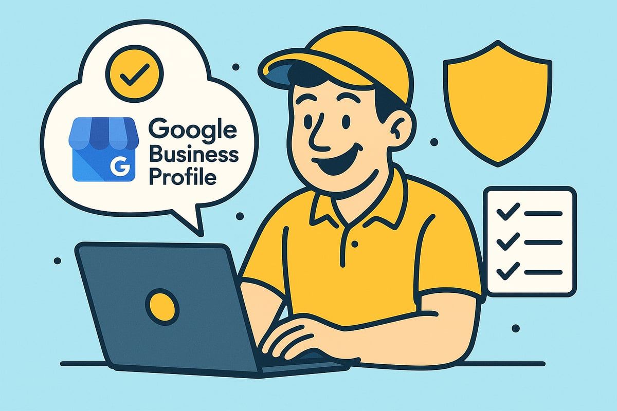 Man with cap using laptop, managing Google Business Profile, with checkmark, shield, and list.