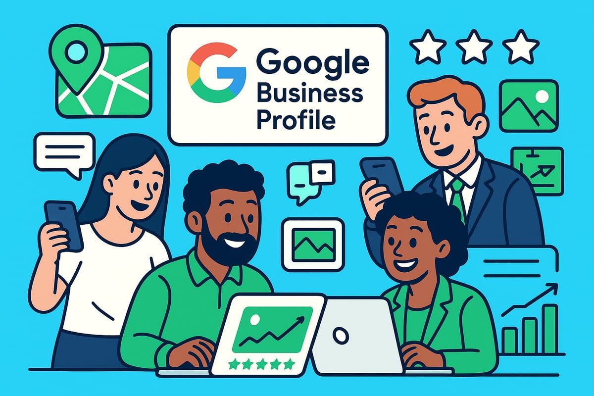 People working on laptops, with Google Business Profile logo and related icons.