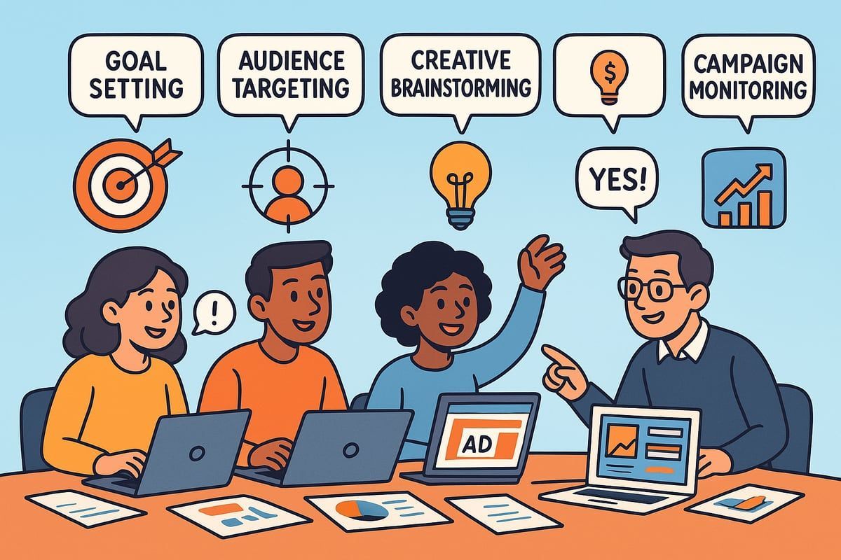 Team brainstorming marketing strategies. People at a table with laptops, charts, and speech bubbles for ideas.