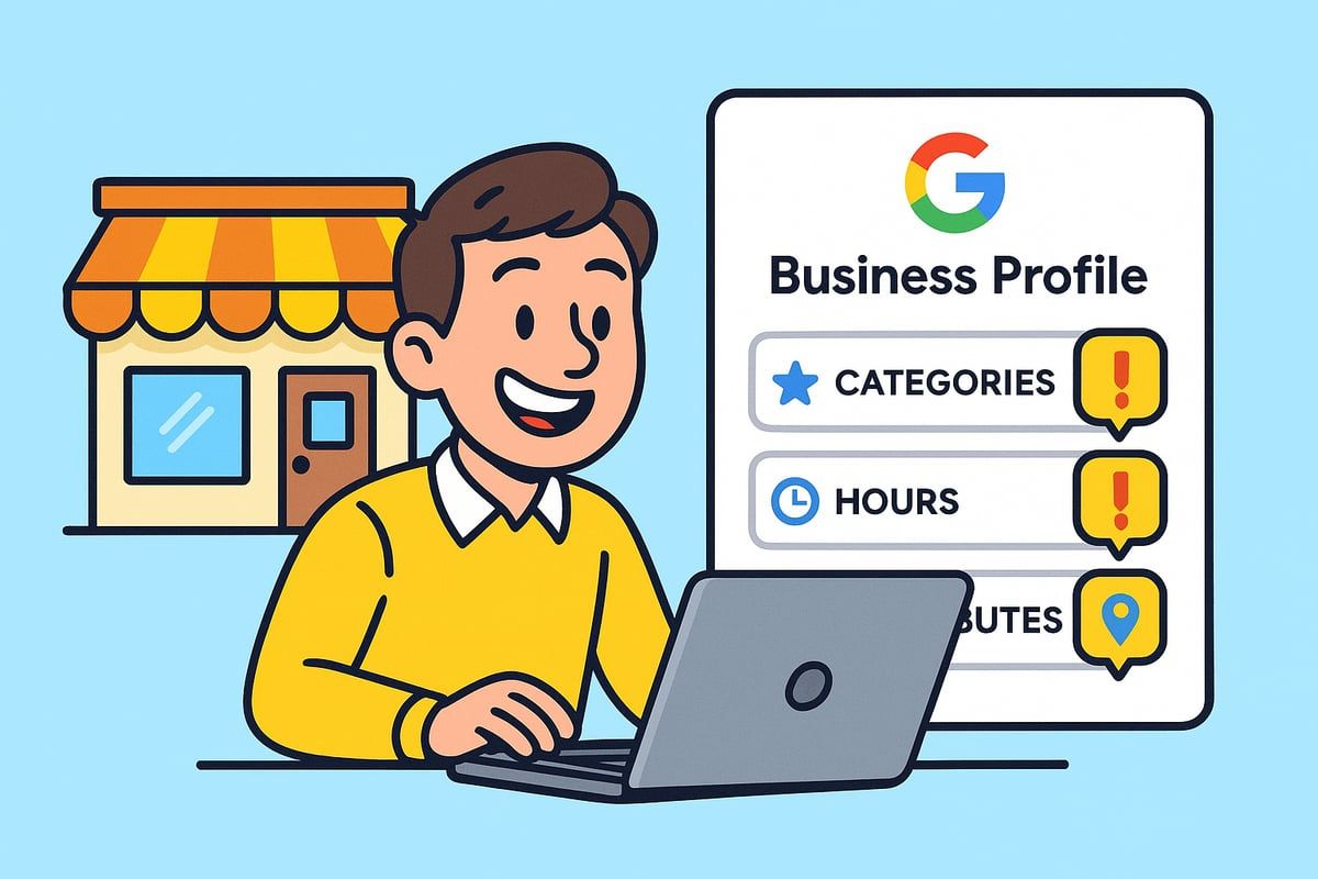 Man updating a Google Business Profile on a laptop, with a store in the background. Shows alerts for categories, hours, and location.