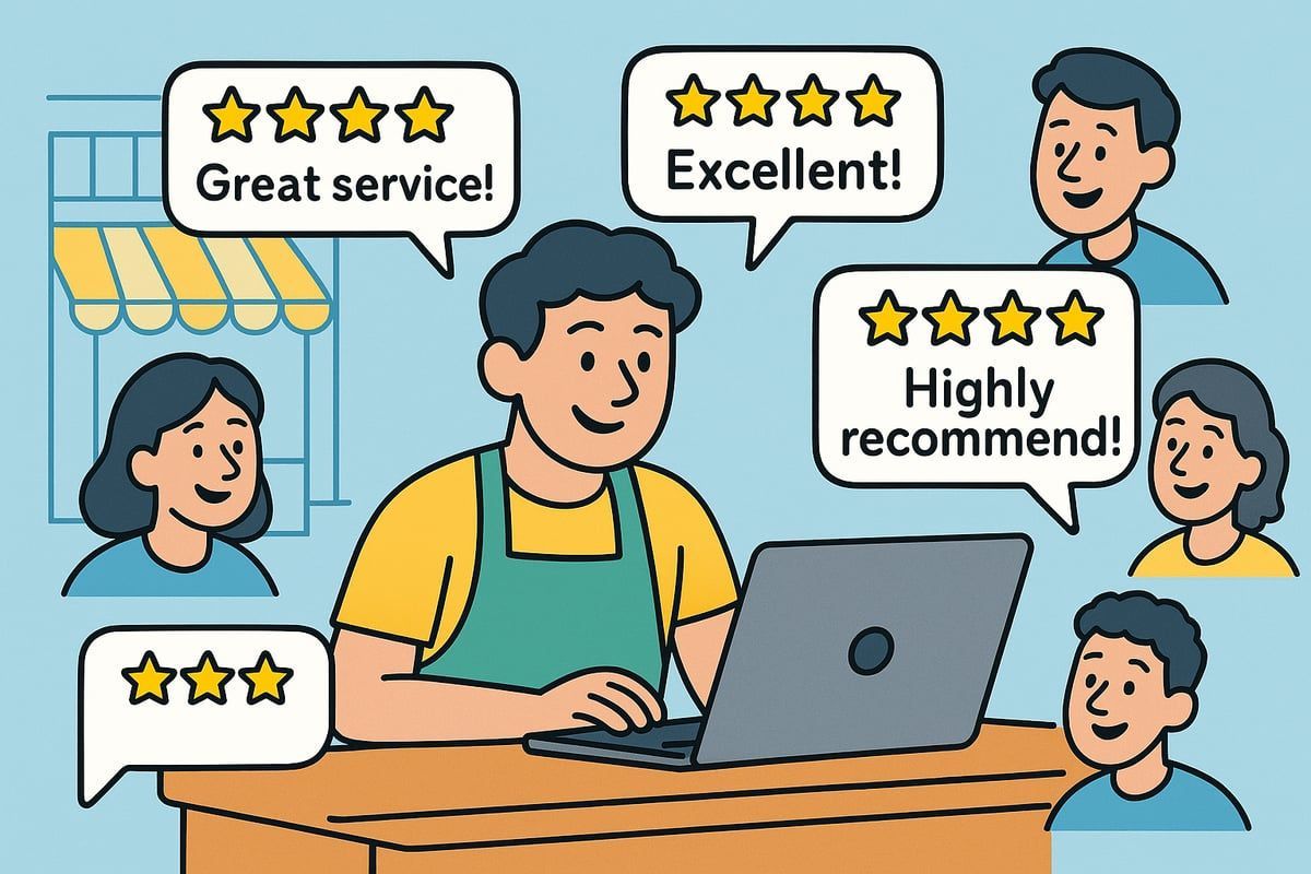 Shop owner receiving positive online reviews. People are smiling.