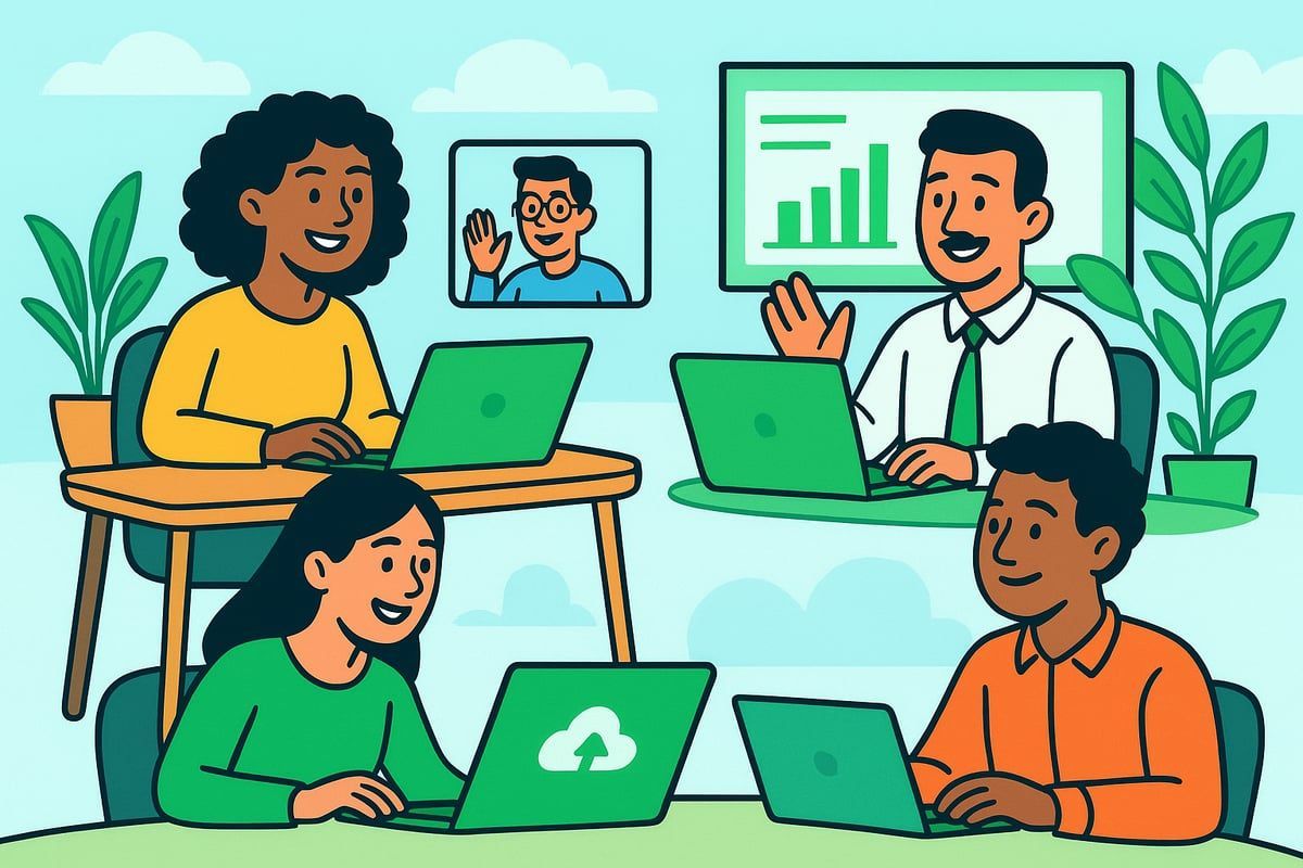 People in a meeting, working on laptops. Includes a video call and a growth chart.