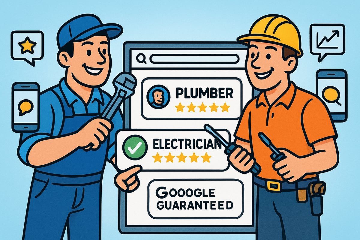 Two service professionals pointing at a screen with 