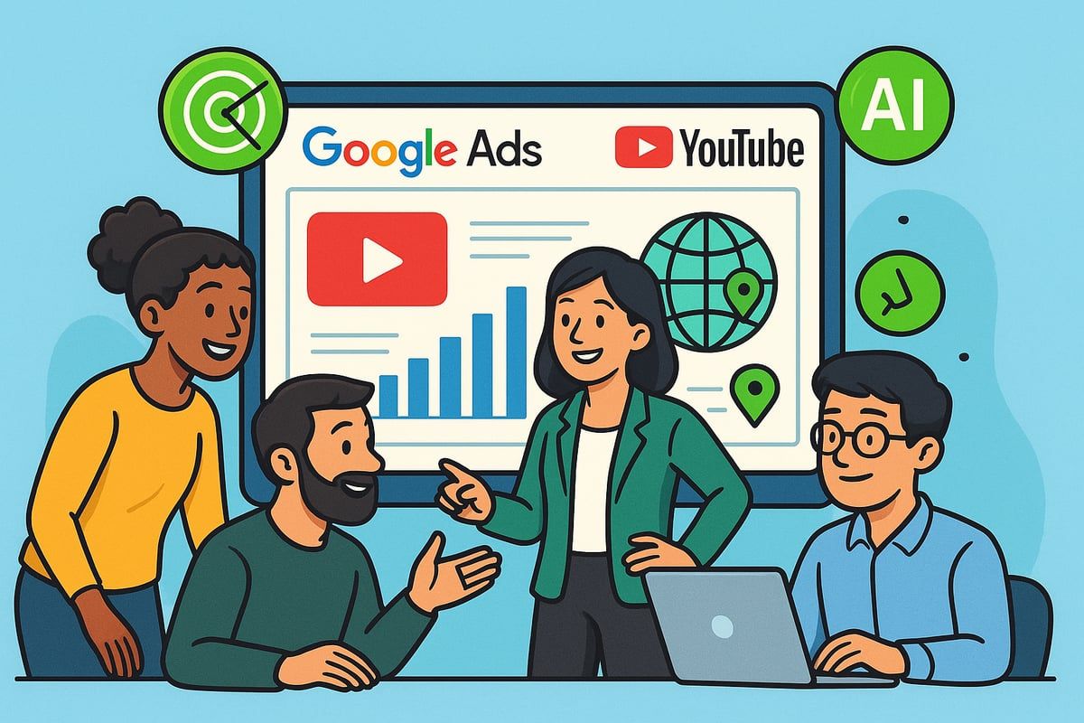 Team analyzing Google Ads and YouTube metrics; graphs on screen, AI and location icons.