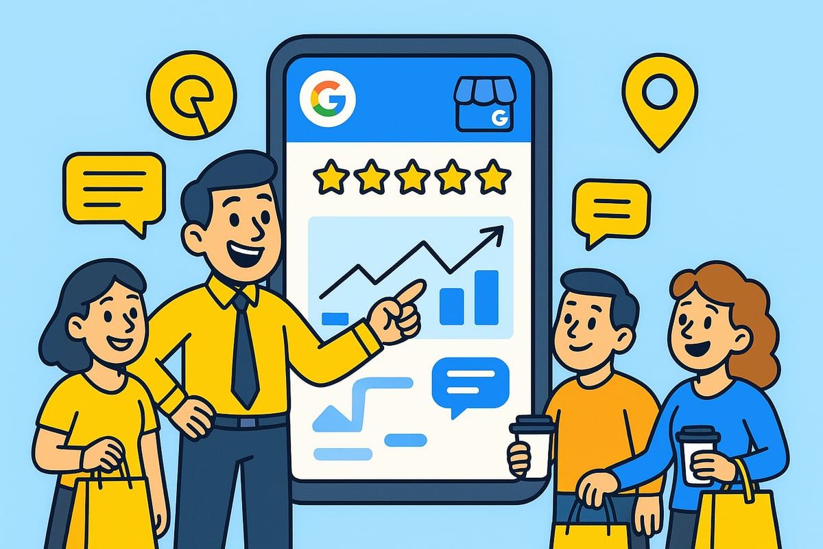 Man presenting Google Business Profile data to a group. Phone screen displays reviews and stats; people hold shopping bags.