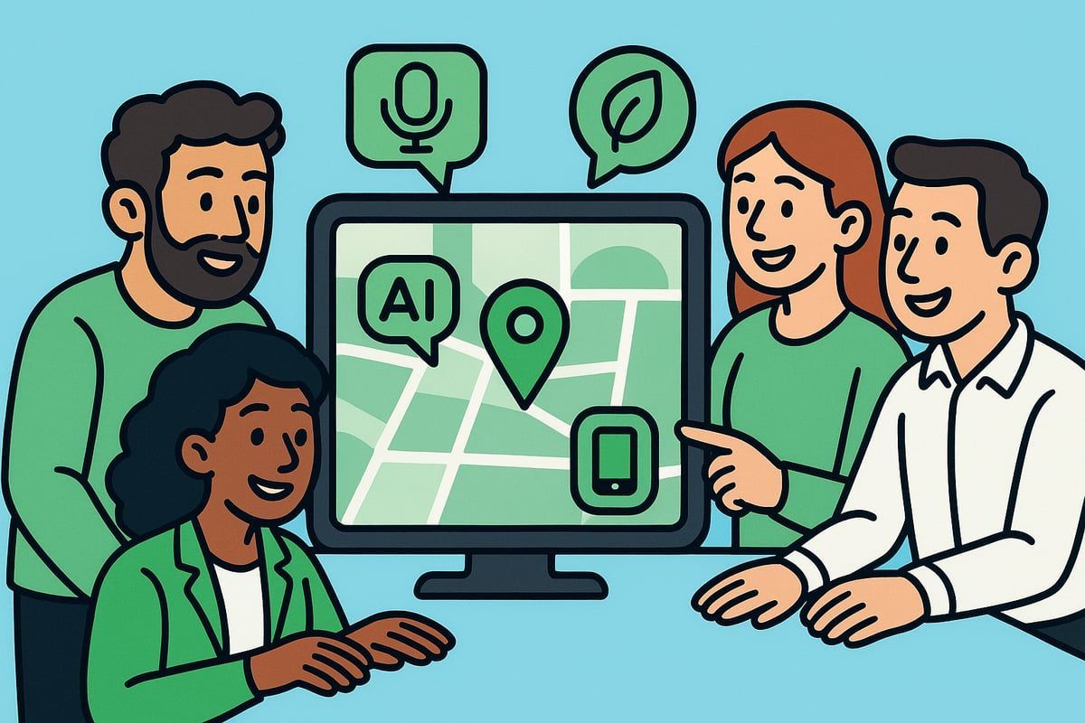 Group of people looking at a computer screen showing a map with icons representing AI, location, and a smartphone.