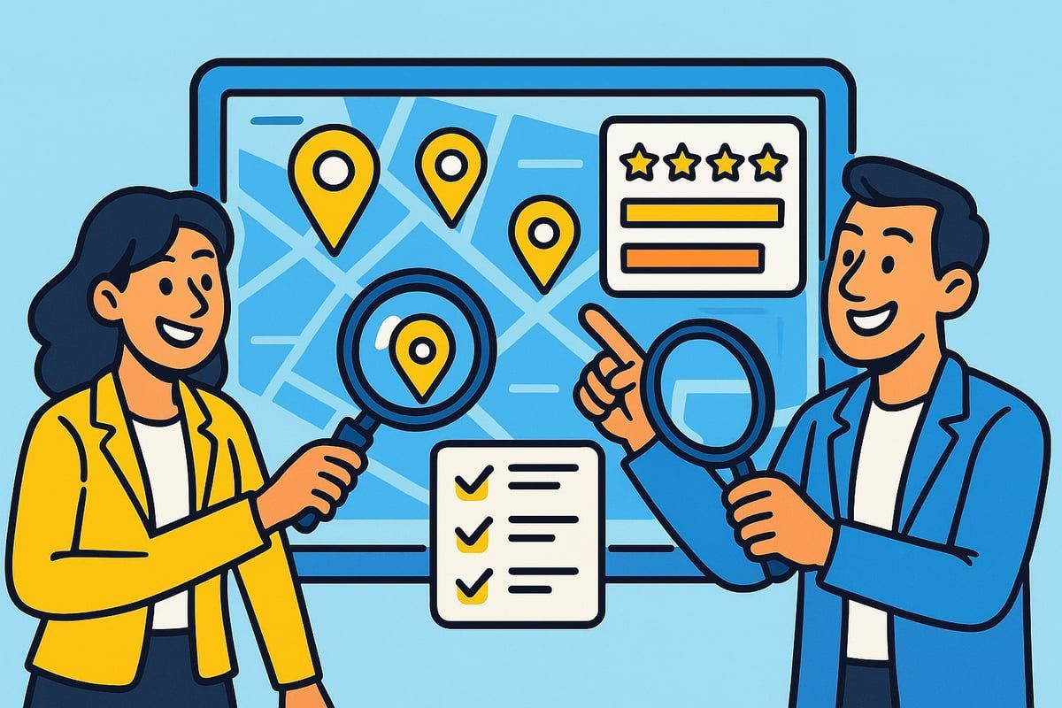 Two people examining a map on a screen with magnifying glasses; pins, ratings, checklist.