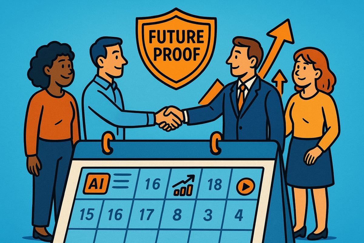 People shaking hands, calendar showing growth. 