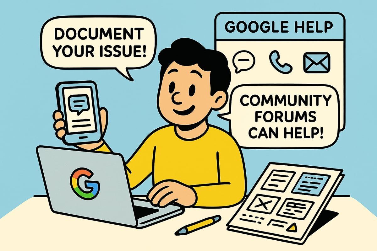 Person using laptop and phone, with speech bubbles suggesting documenting issues and seeking help from Google.