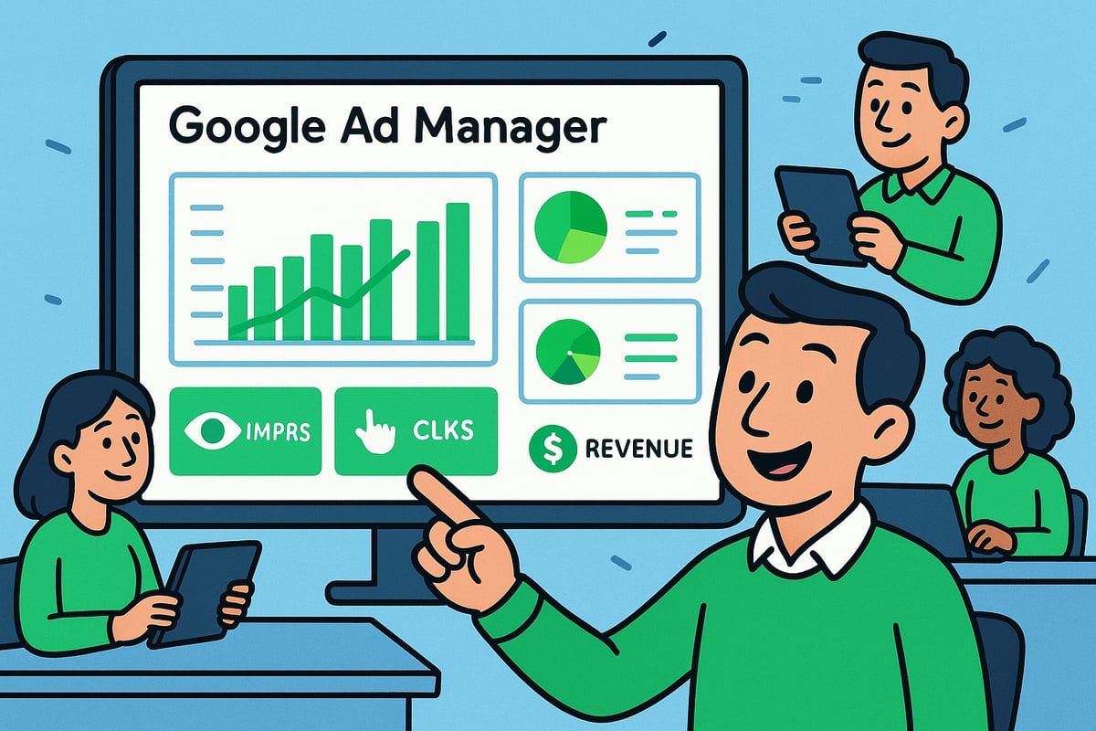 People looking at Google Ad Manager interface with charts, green elements, on a desktop.