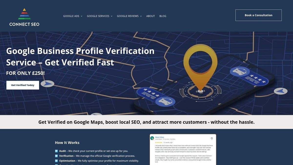 Website promoting Google Business Profile Verification service; map and phone graphic.