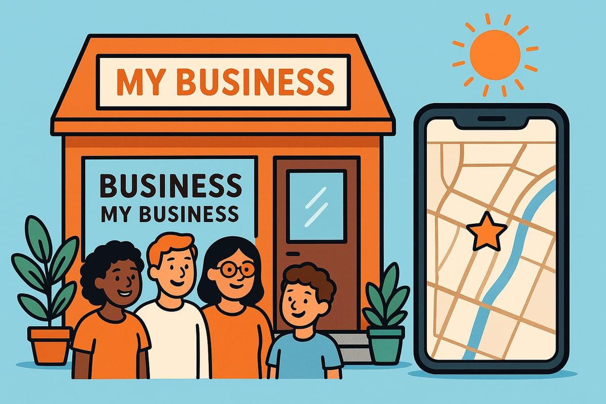 A business storefront with customers, a map on a phone, and a sun.