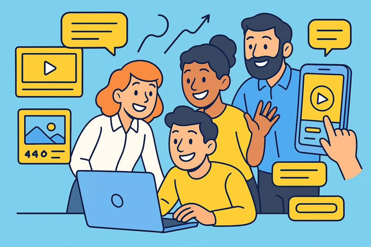 Team of people collaborating around a laptop, with mobile device and video content icons.