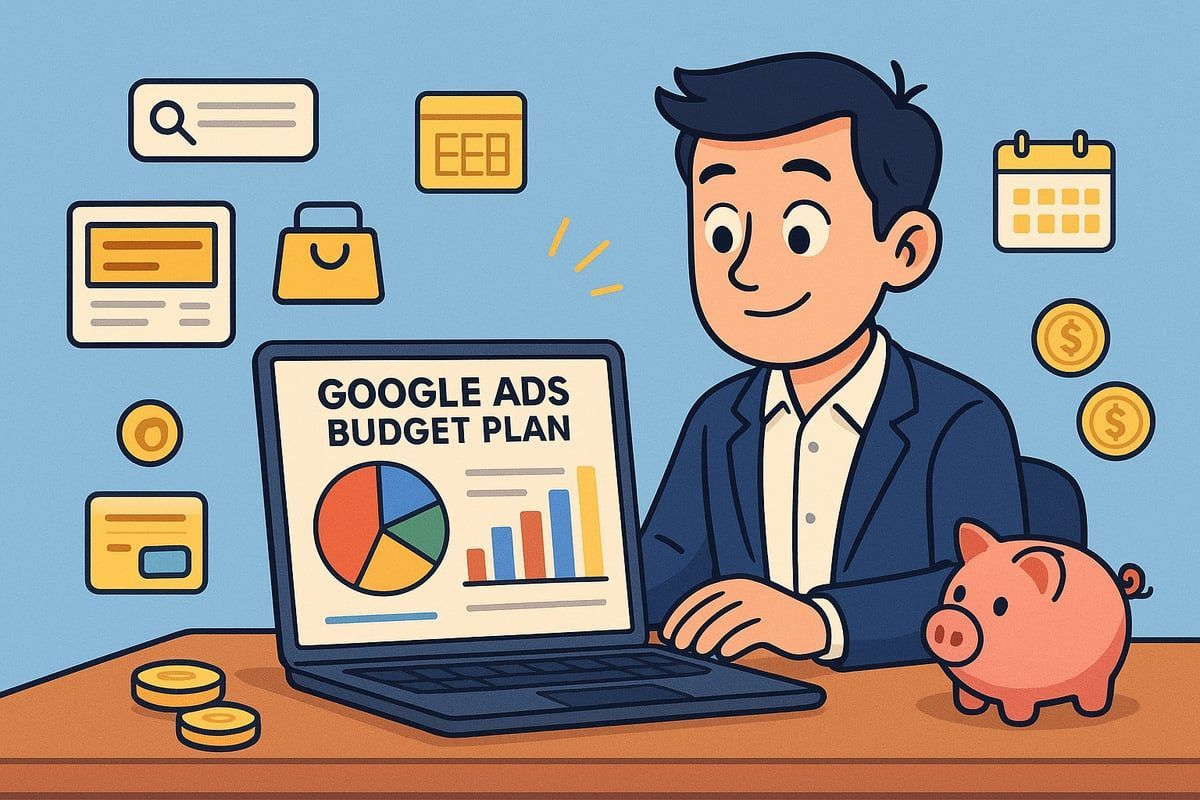 Man working on Google Ads budget plan on a laptop, with charts, money, and a piggy bank.