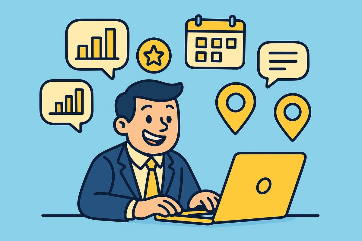 Man in suit smiling while working on a laptop, surrounded by business icons.