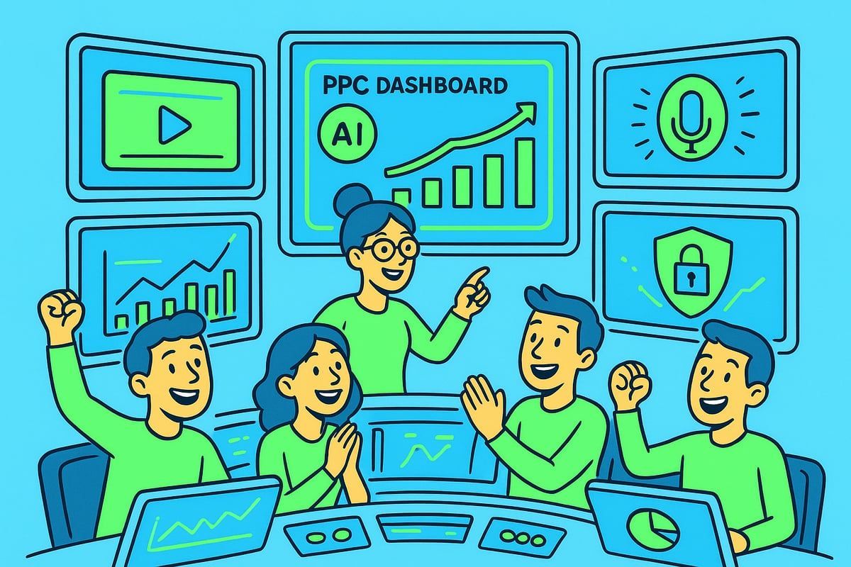 Team celebrates around a PPC dashboard with graphs and AI, shown on screens in a blue office.