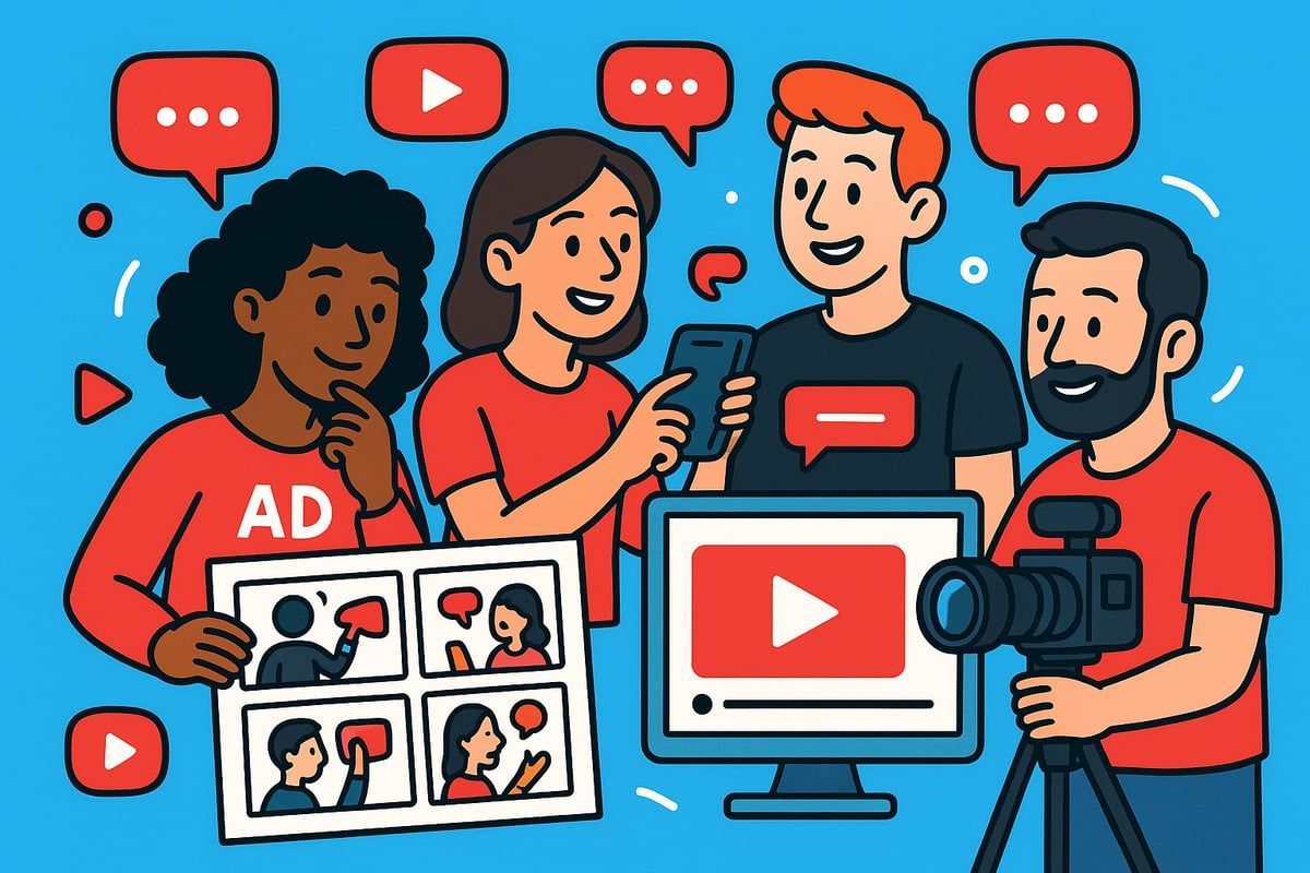 Group creating a video, using a camera, computer, and phone, with speech bubbles.