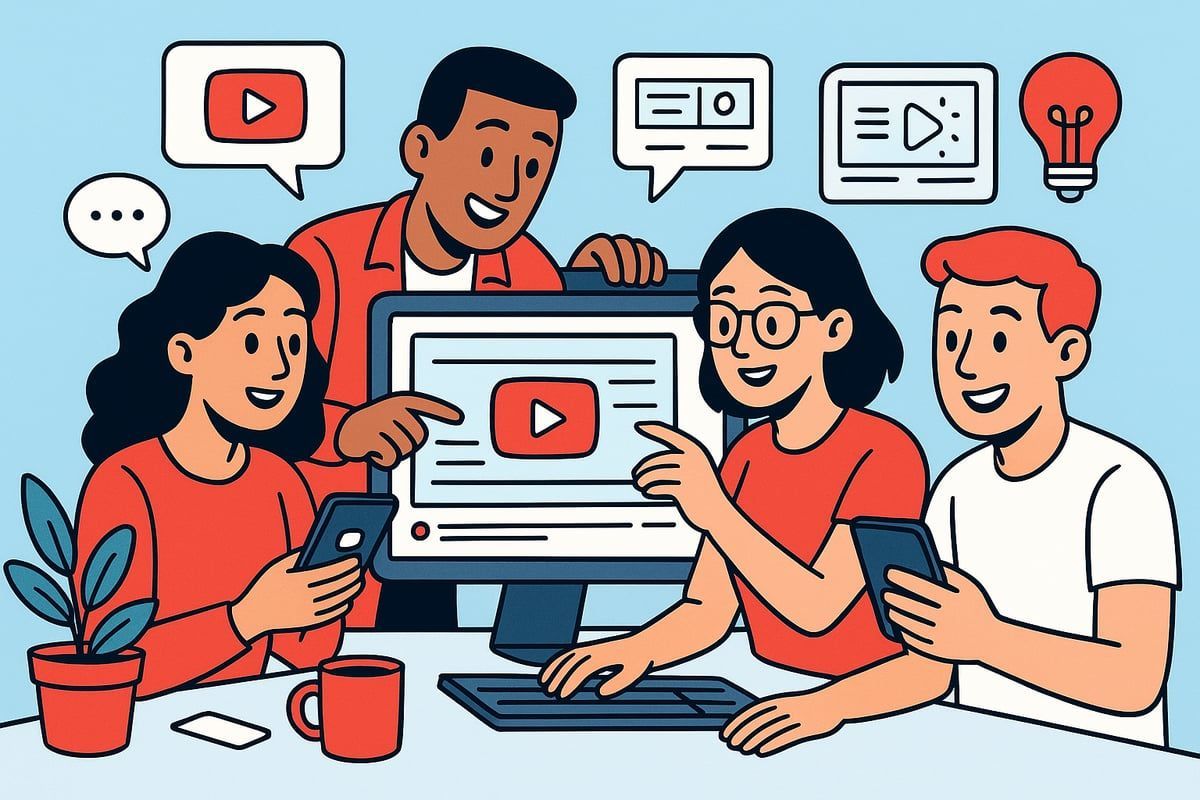 People around a computer, discussing YouTube. Blue background. Red and orange tones.