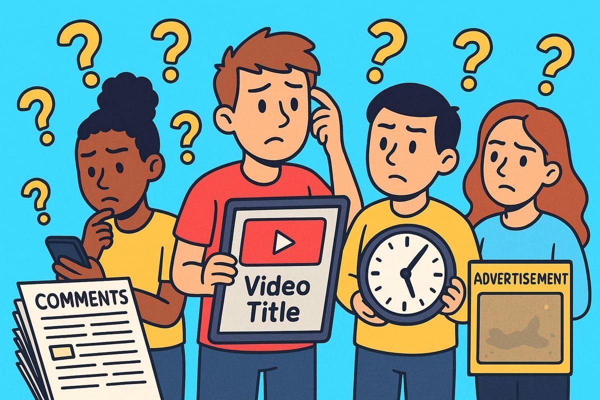 Four people looking puzzled, surrounded by question marks. Holding a phone, a video title, a clock, and an advertisement.