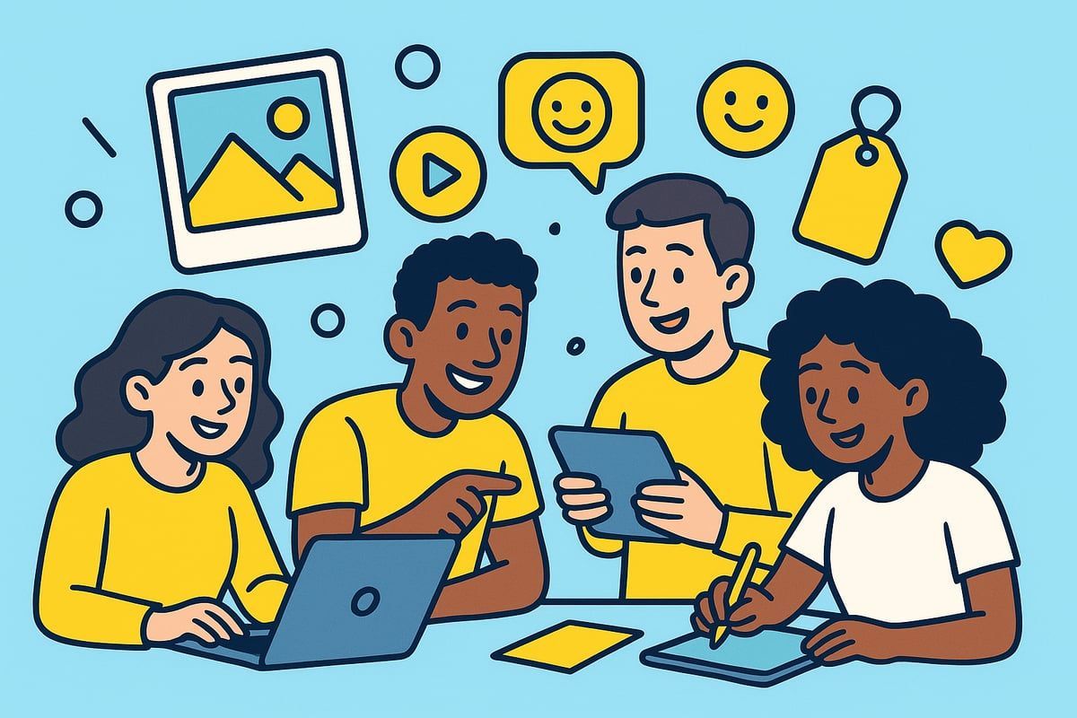 Four people collaborating, using laptop and tablets, surrounded by social media icons.