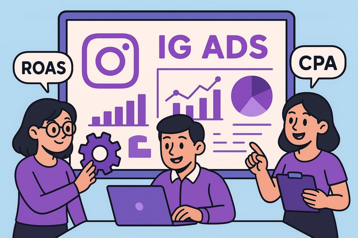 Three people analyzing Instagram ads data, including ROAS and CPA metrics, with a laptop.