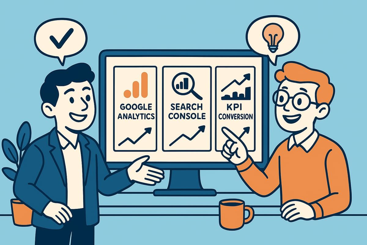 Two men discussing digital marketing metrics displayed on a monitor.