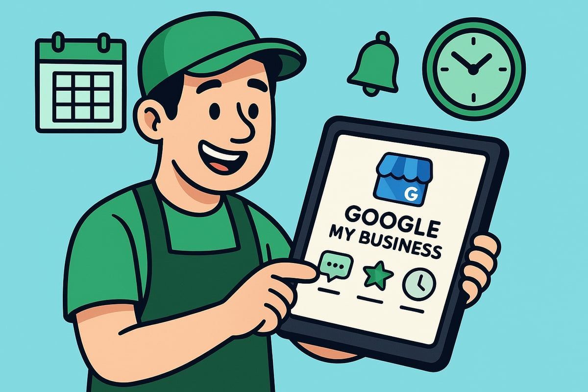Man in green uniform holding tablet displaying Google My Business logo, calendar, bell, and clock icons.