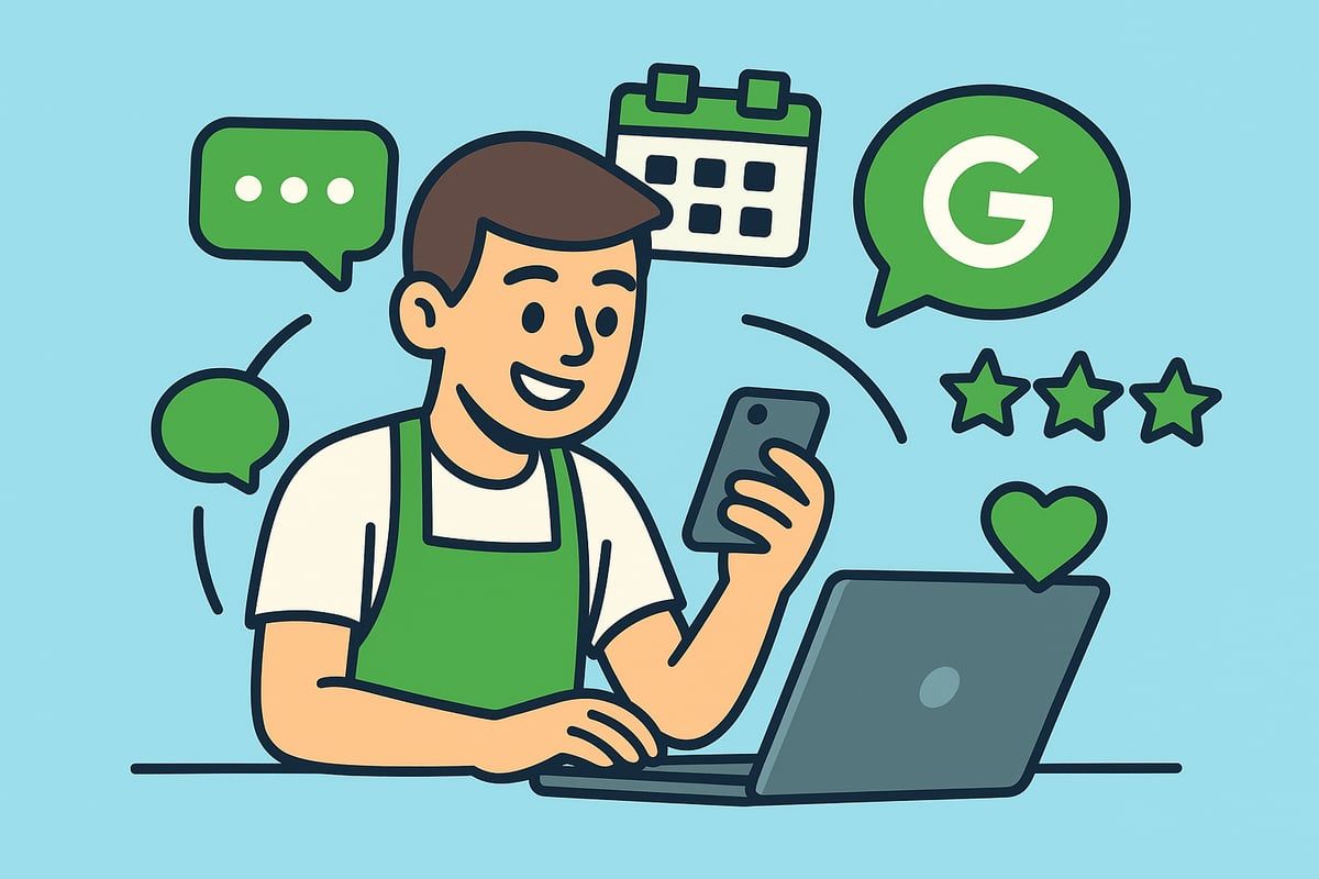 Person in apron smiling while using a phone and laptop, with Google Maps and review icons.