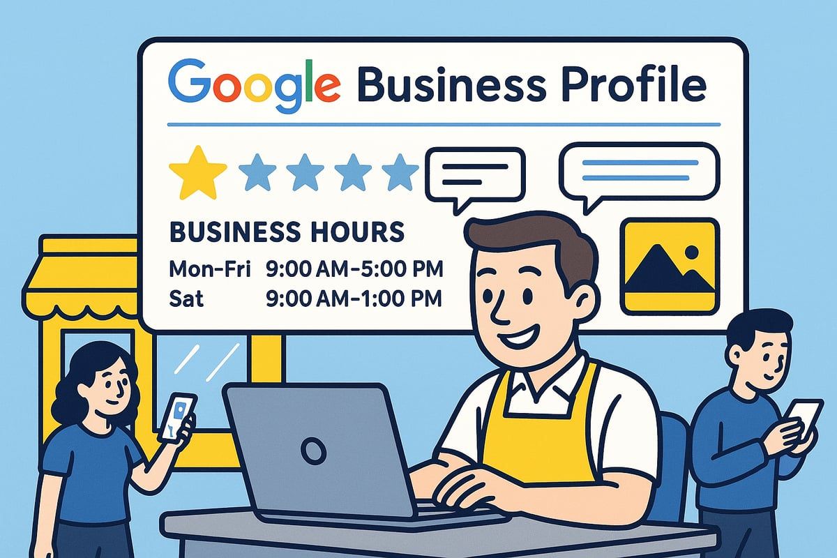 Illustration: A person managing a Google Business Profile on a laptop with people using phones. Business hours displayed.