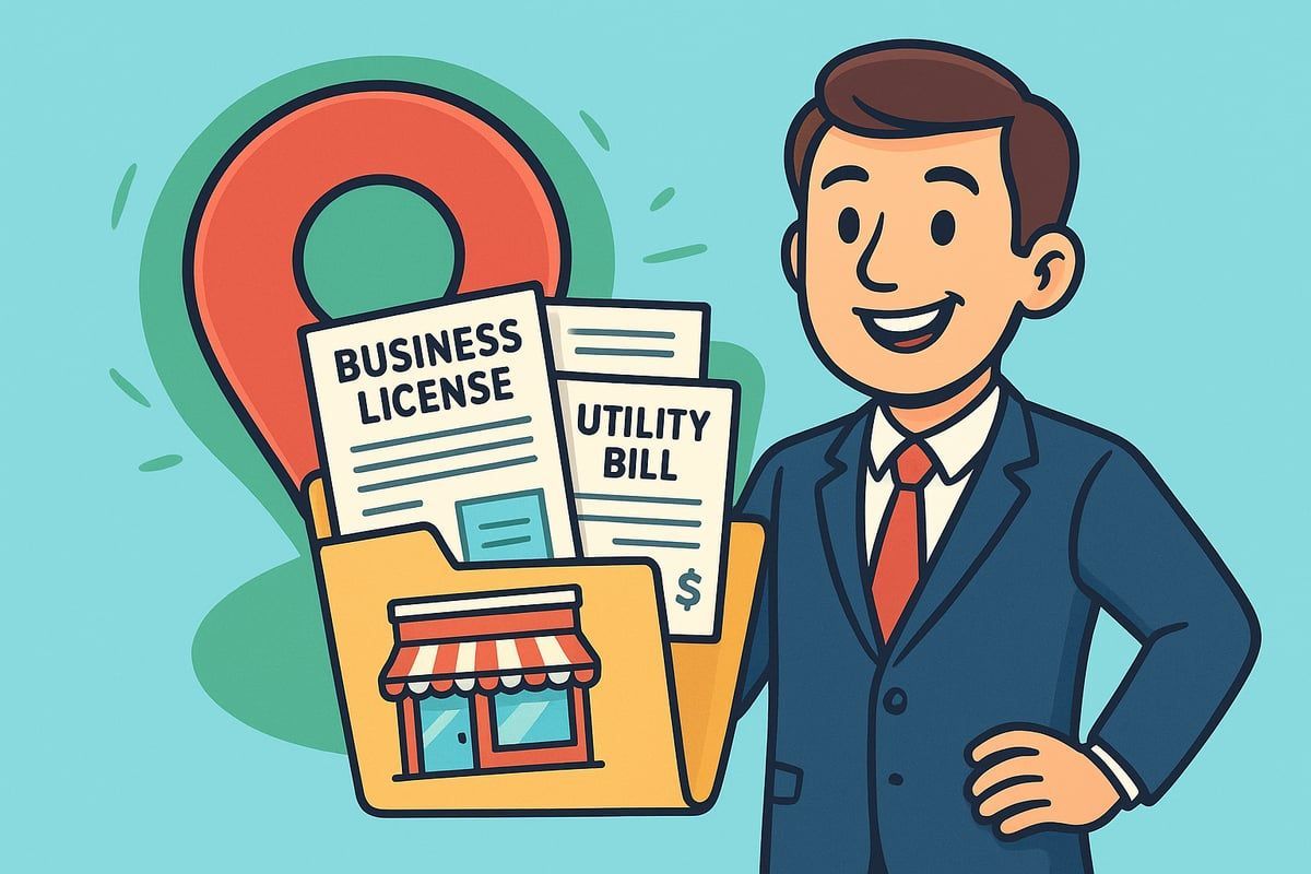 Businessman holding folder with documents, shop icon, and location pin.