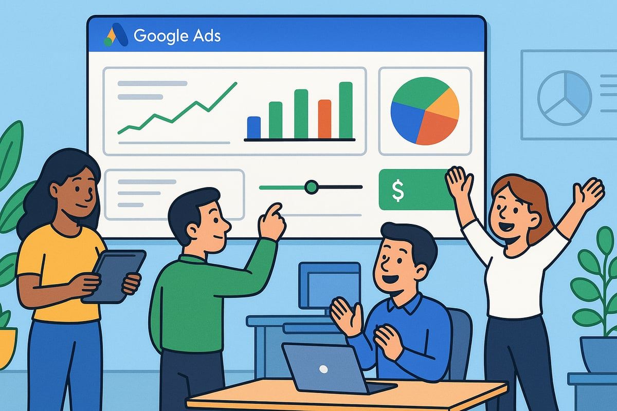 Team celebrating success in front of a Google Ads dashboard with graphs, charts, and dollar sign.