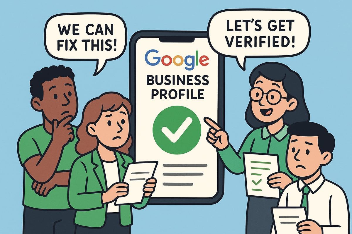 People with papers look at a phone showing a verified Google Business Profile. One person says, 