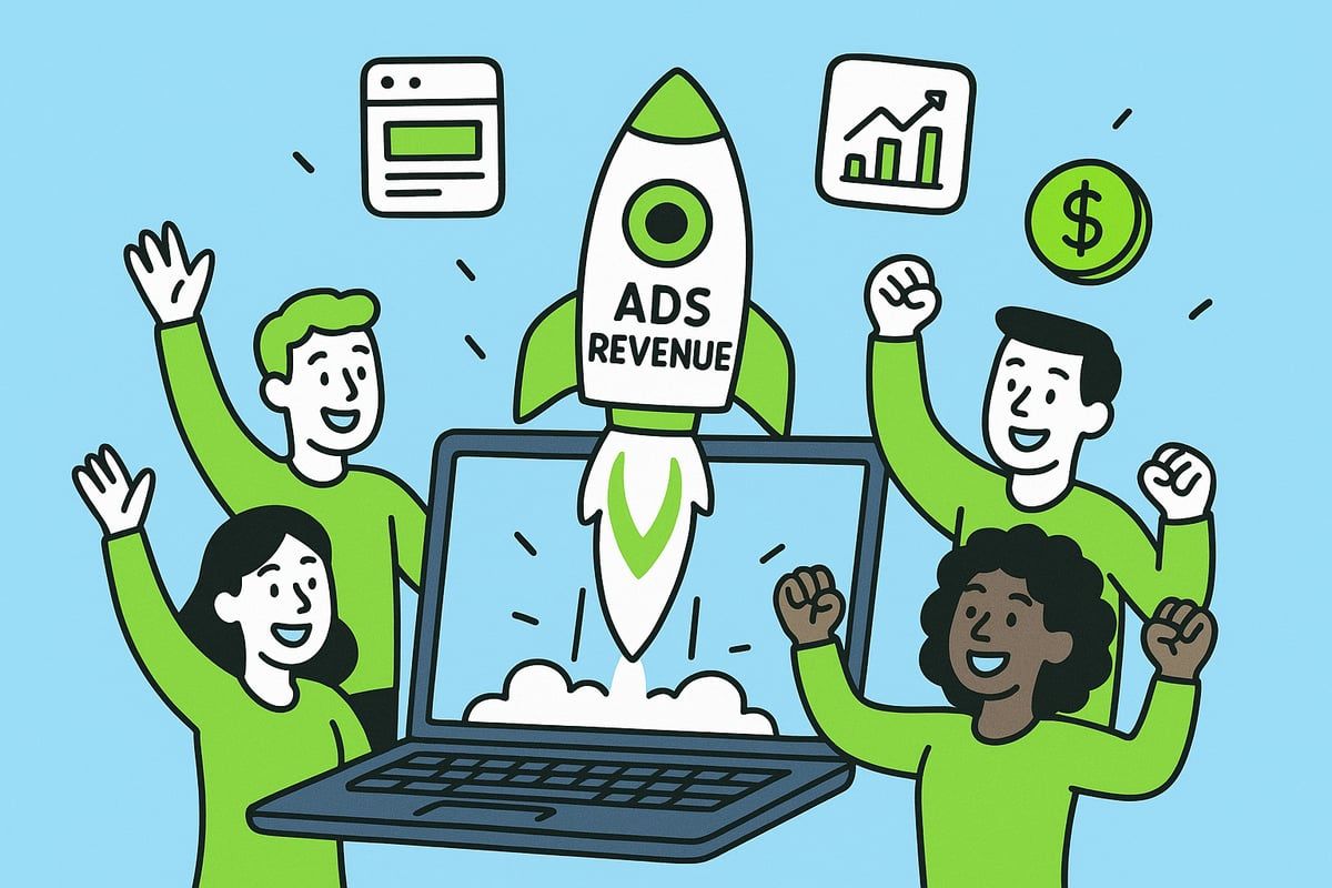 People celebrating around a laptop with a rocket labeled 