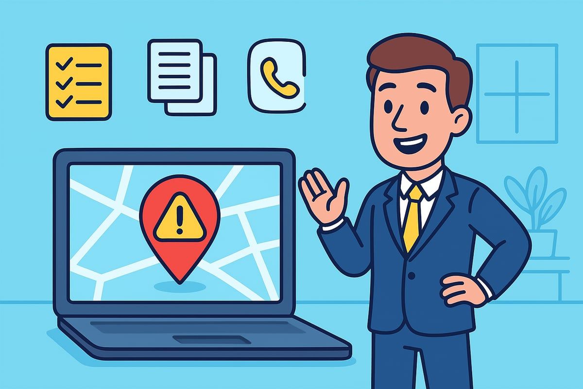 Man in suit pointing to laptop with map and alert icon; icons for checklist, documents, phone above.