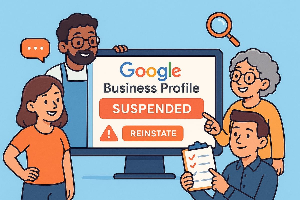 Google Business Profile suspended. People surround a computer screen. One holds a checklist, others look concerned.