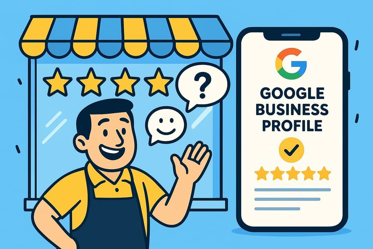 A shopkeeper waves, showcasing a Google Business Profile on a phone, with stars and reviews displayed.
