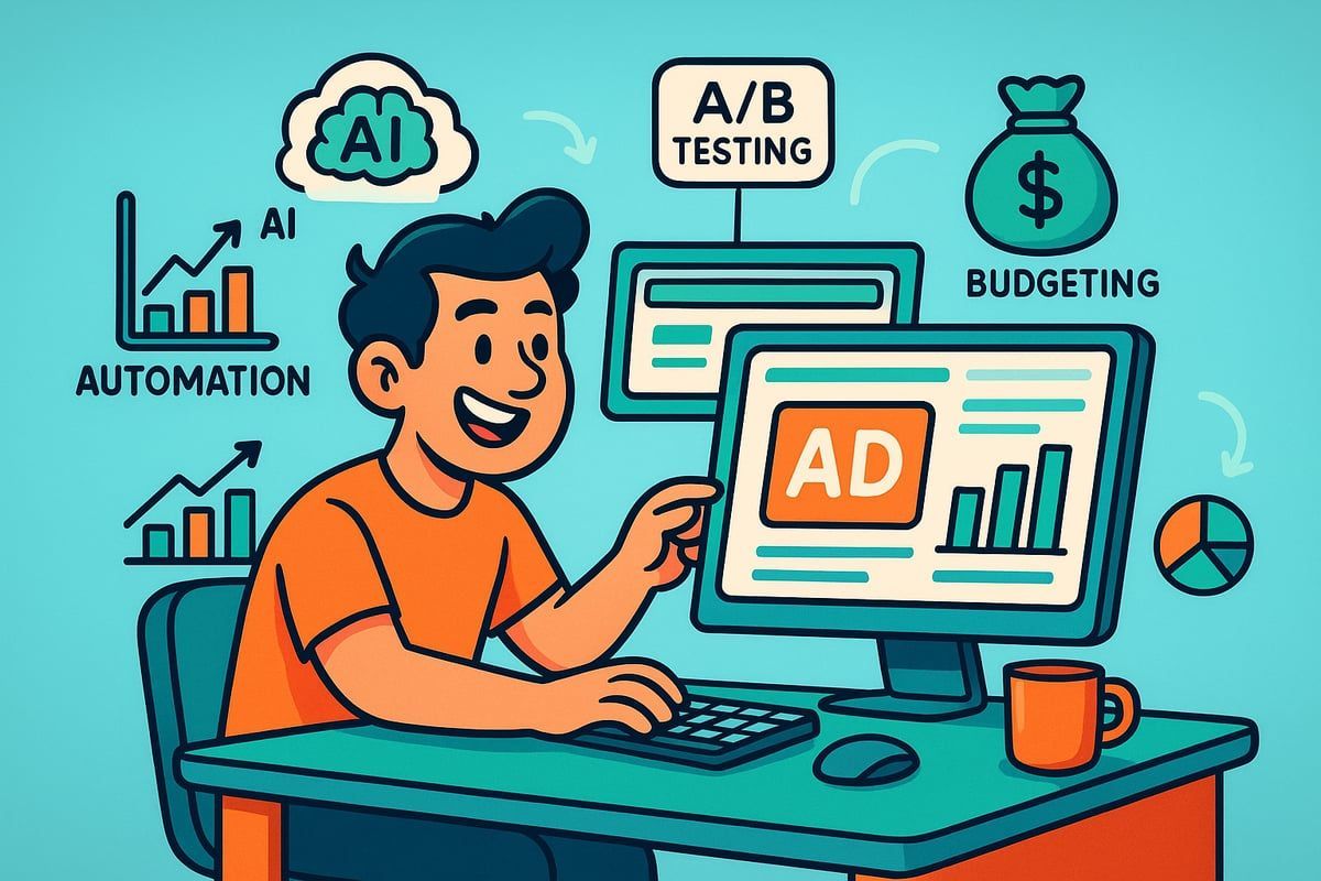 Man at computer, managing digital ads with AI, A/B testing, and budgeting. Orange and blue tones.