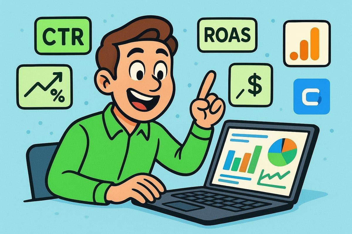 Man pointing at laptop showing charts, surrounded by icons for CTR, ROAS, and analytics.