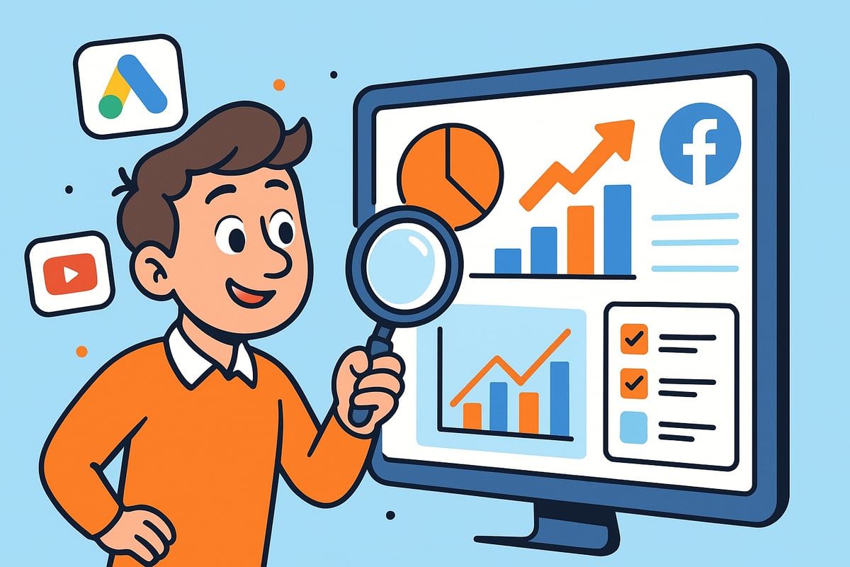 Man analyzing marketing data on a computer screen, with Google Ads, YouTube, and Facebook icons, orange and blue graphics.