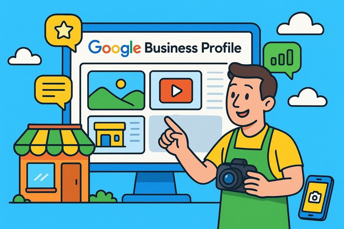 Man points to a Google Business Profile on a computer. Includes a store icon, phone, camera, and speech bubbles.
