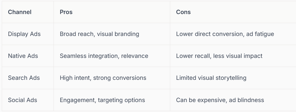 Comparison table of digital advertising channels, including pros and cons, with information about display ads, native ads, search ads, and social ads.