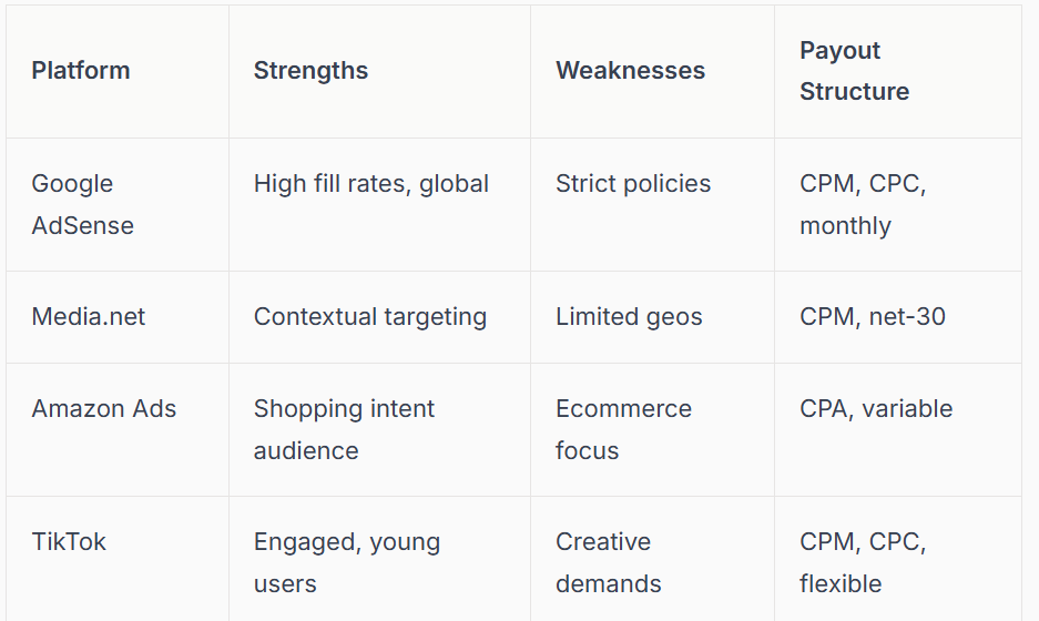 Comparison table of advertising platforms: Google AdSense, Media.net, Amazon Ads, and TikTok, with strengths, weaknesses, and payout structures.