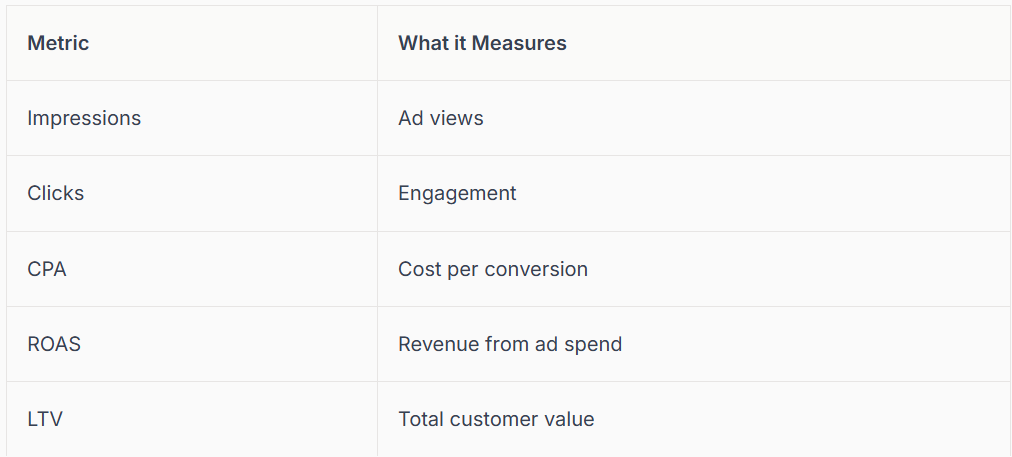 Table listing advertising metrics: Impressions (ad views), Clicks (engagement), CPA (cost per conversion), ROAS (revenue from ad spend), LTV (total customer value).