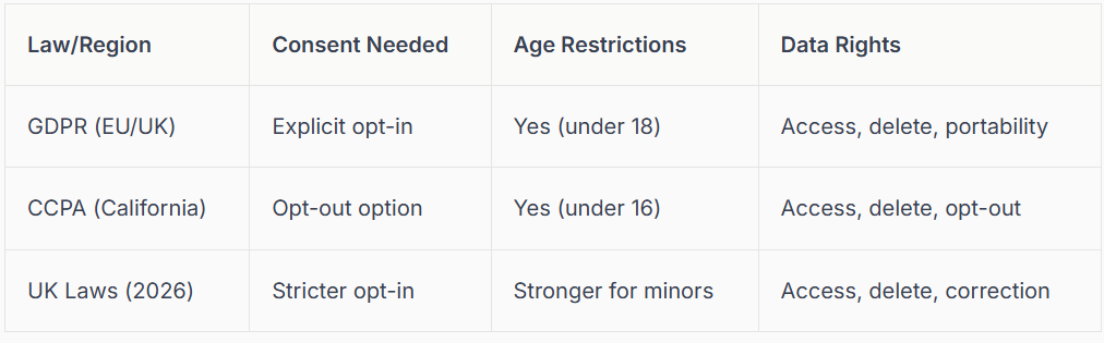 Table comparing data privacy laws: GDPR (EU/UK), CCPA (California), and UK Laws (2006), detailing consent, age restrictions, and data rights.