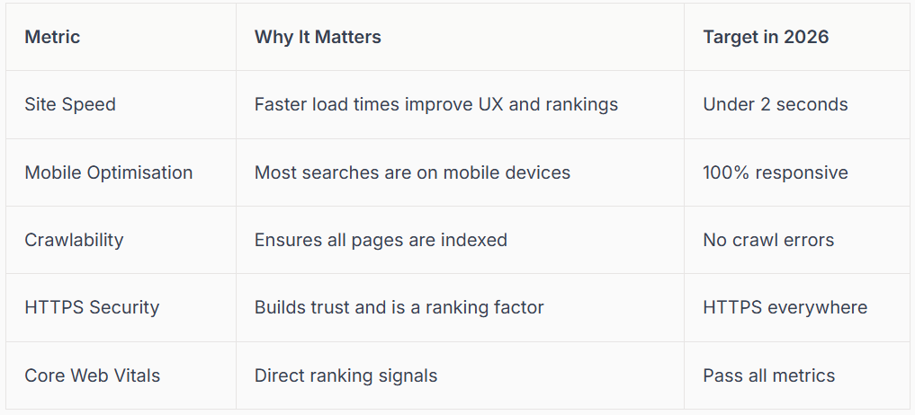 Table with SEO metrics: Site Speed, Mobile Optimization, Crawlability, HTTPS Security, and Core Web Vitals with their importance and target goals.
