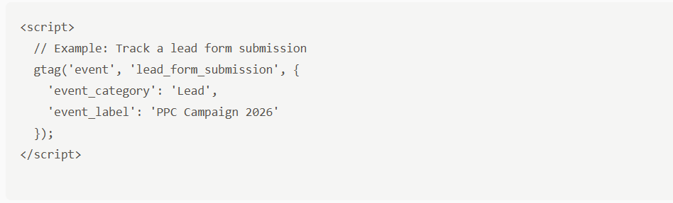 Code snippet to track a lead form submission with event details.